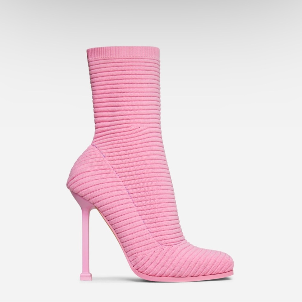 Pink square toe stiletto ankle sock boot knit
